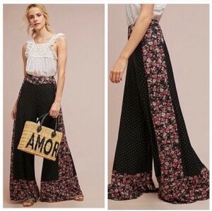 ✌🏼 FARM Rio for Anthropologie Black Floral Polka Dot Ultra Wide-Leg Pants XL